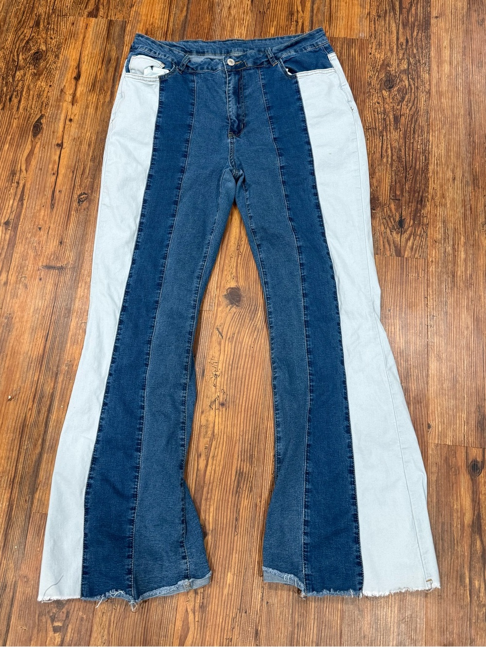 Multicolored denim flared jeans